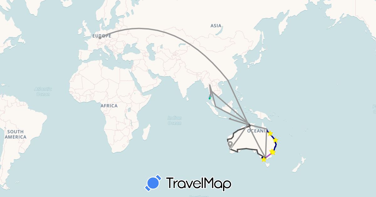 TravelMap itinerary: driving, bus, plane, train, boat, motorbike in Australia, Germany, Hong Kong, Indonesia, Singapore, Thailand (Asia, Europe, Oceania)
